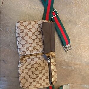 Authentic Gucci Beige and Brown Belt Bag with Green and Red Strap
